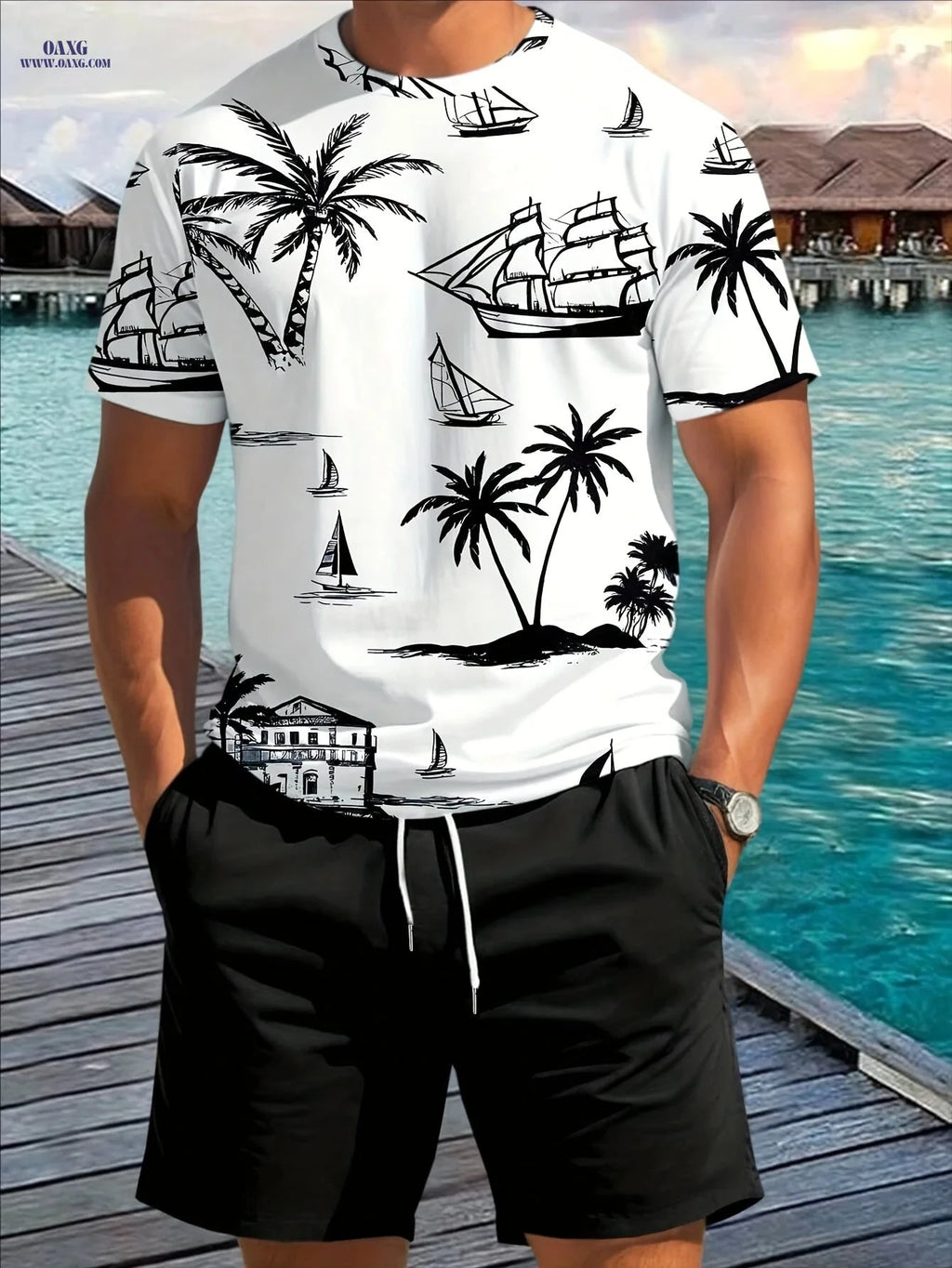 Men's Novel Coconut Tree 3D Print Summer Set - T-Shirt & Shorts   OAXG 