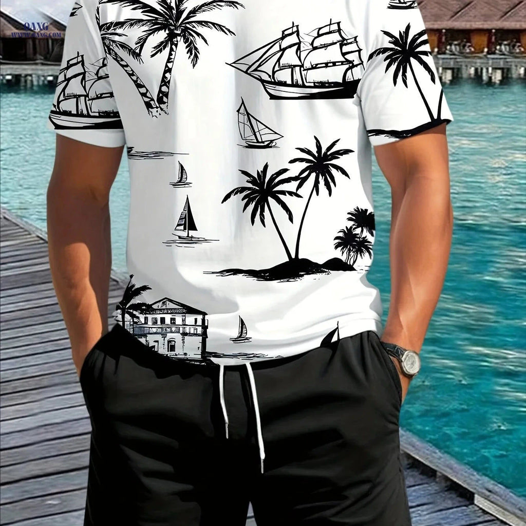 Men's Novel Coconut Tree 3D Print Summer Set - T-Shirt & Shorts   OAXG Black / FR M