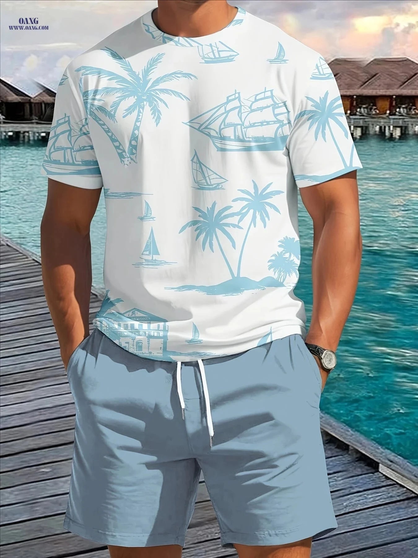 Men's Novel Coconut Tree 3D Print Summer Set - T-Shirt & Shorts   OAXG Black / FR M