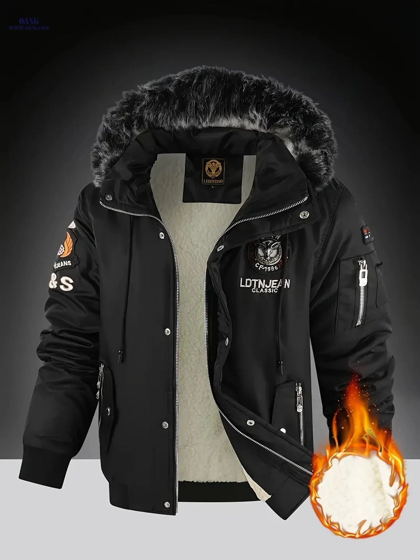 Men's Nylon Fleece-Lined Hooded Jacket - Casual, Removable Collar   OAXG 