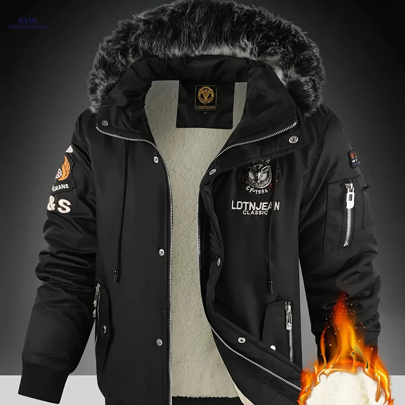 Men's Nylon Fleece-Lined Hooded Jacket - Casual, Removable Collar   OAXG Black / FR XS