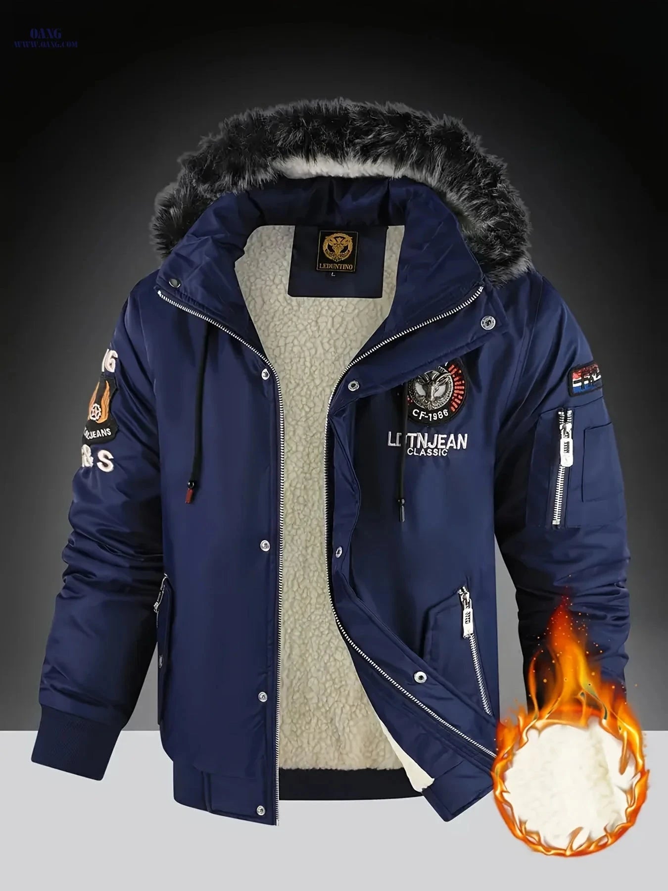 Men's Nylon Fleece-Lined Hooded Jacket - Casual, Removable Collar   OAXG 