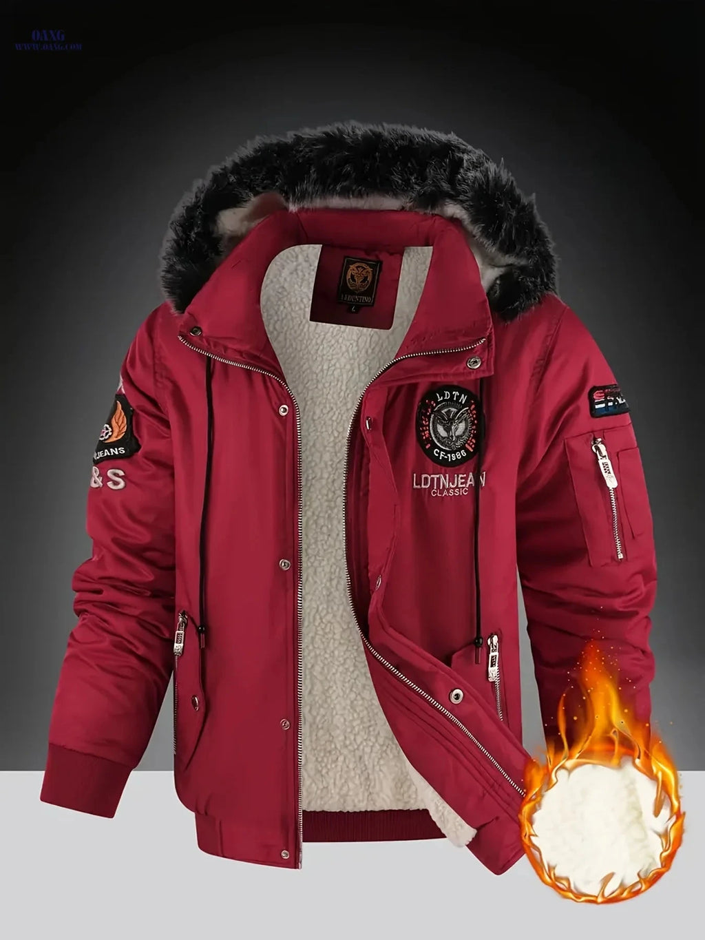 Men's Nylon Fleece-Lined Hooded Jacket - Casual, Removable Collar   OAXG 
