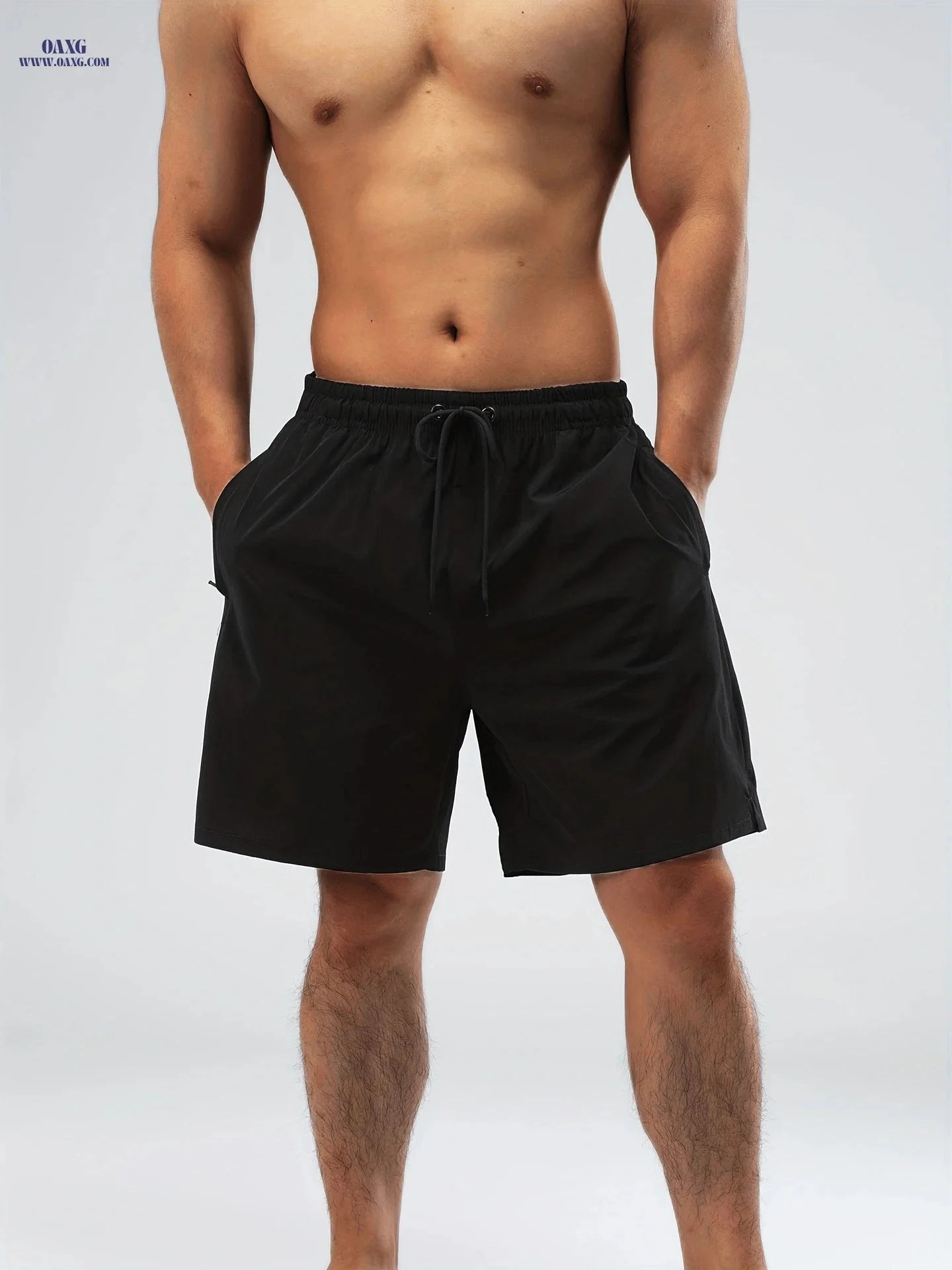 Men's Nylon Stretch Beach Shorts - Regular Fit, Solid Color Design   OAXG 