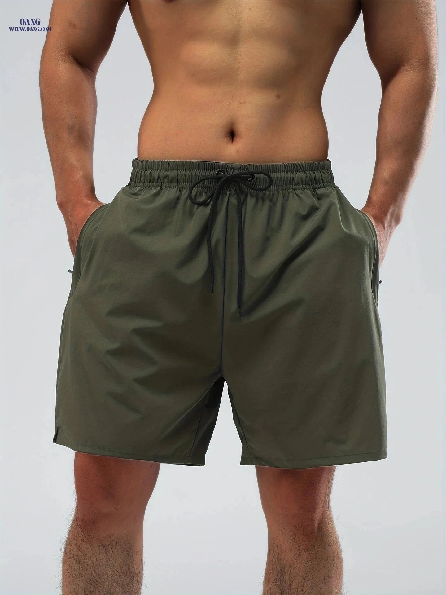 Men's Nylon Stretch Beach Shorts - Regular Fit, Solid Color Design   OAXG 