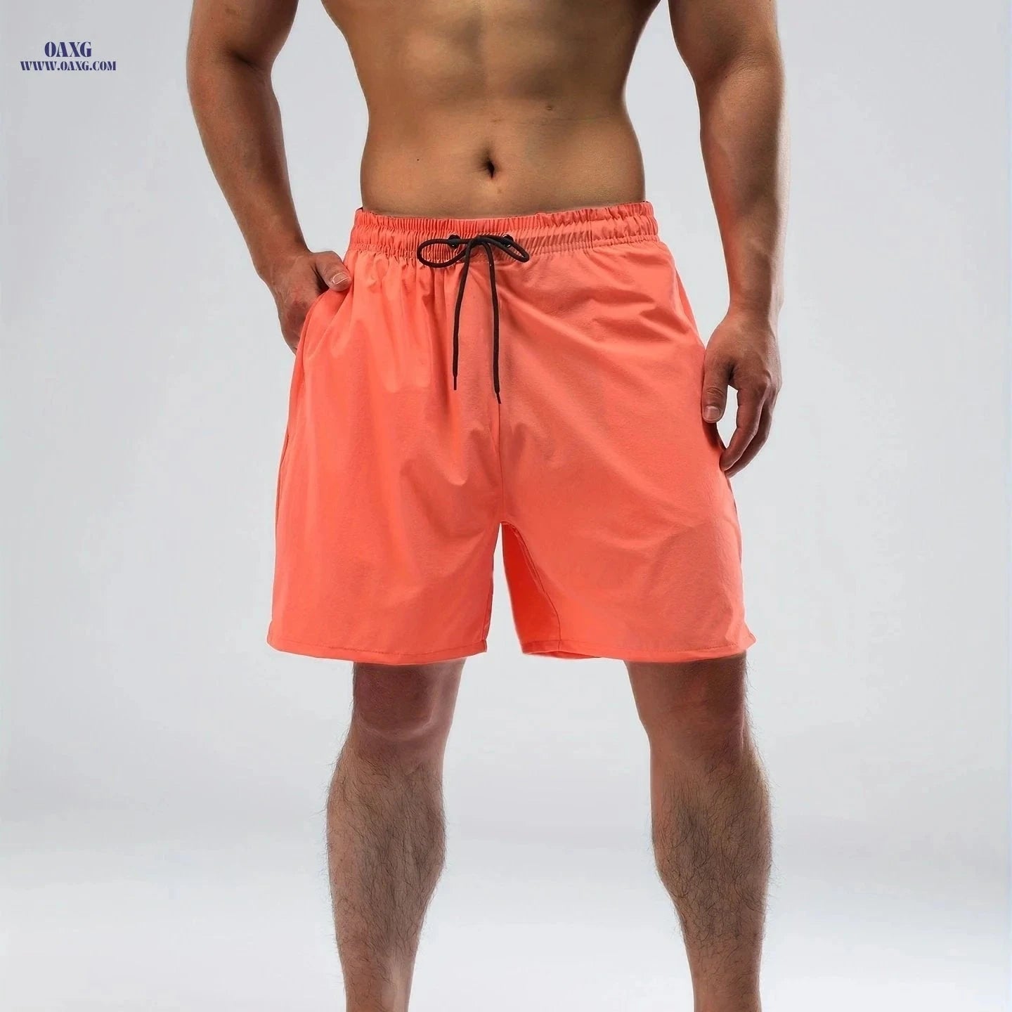 Men's Nylon Stretch Beach Shorts - Regular Fit, Solid Color Design   OAXG 