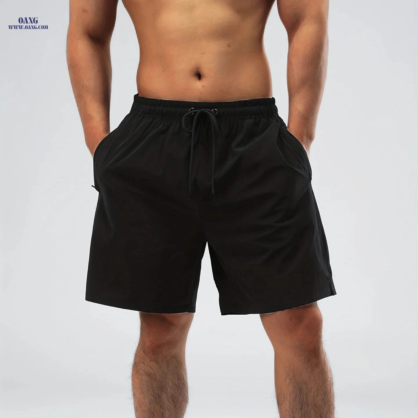 Men's Nylon Stretch Beach Shorts - Regular Fit, Solid Color Design   OAXG Black / FR XS