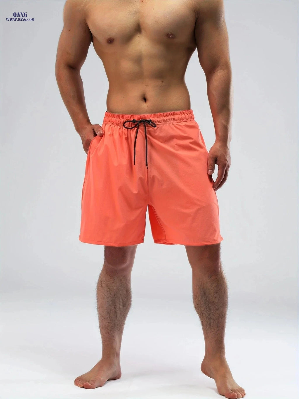 Men's Nylon Stretch Beach Shorts - Regular Fit, Solid Color Design   OAXG 