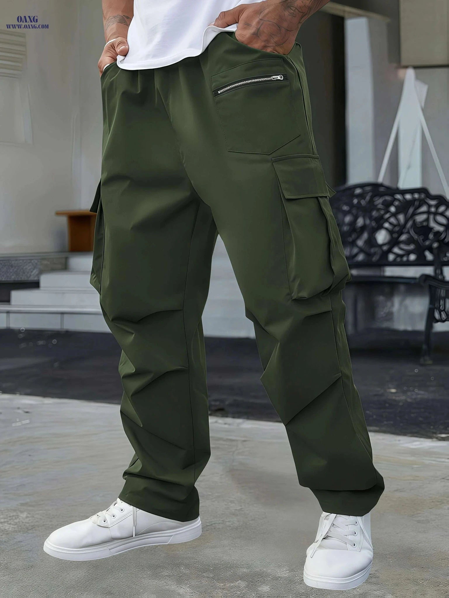 Men's Olive Green Cargo Pants - Heavy-Duty Utility & Drawstring Waist   OAXG 