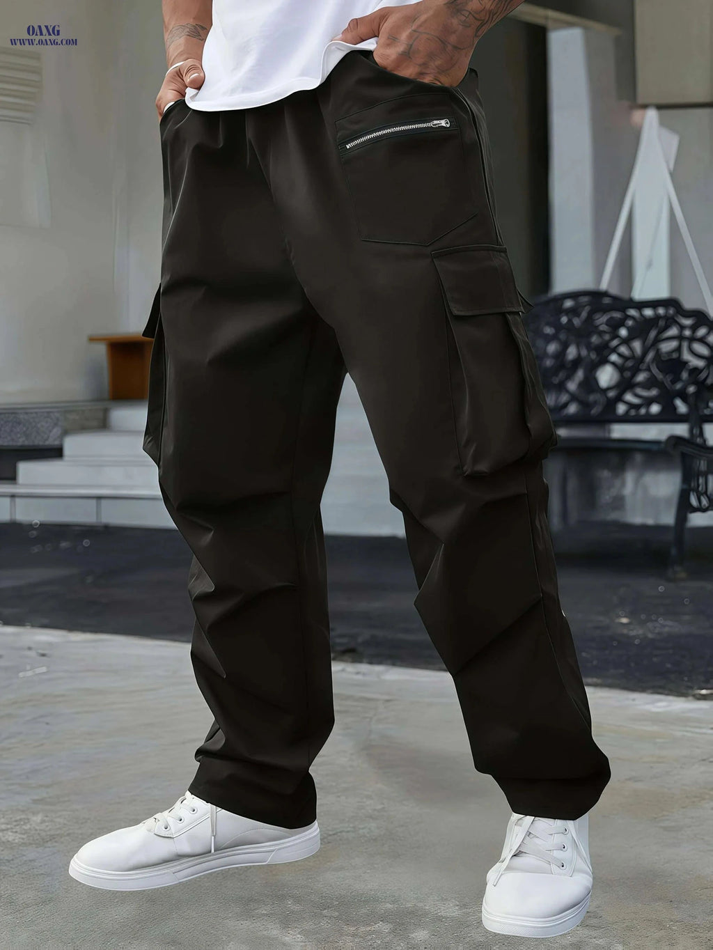 Men's Olive Green Cargo Pants - Heavy-Duty Utility & Drawstring Waist   OAXG Black / S