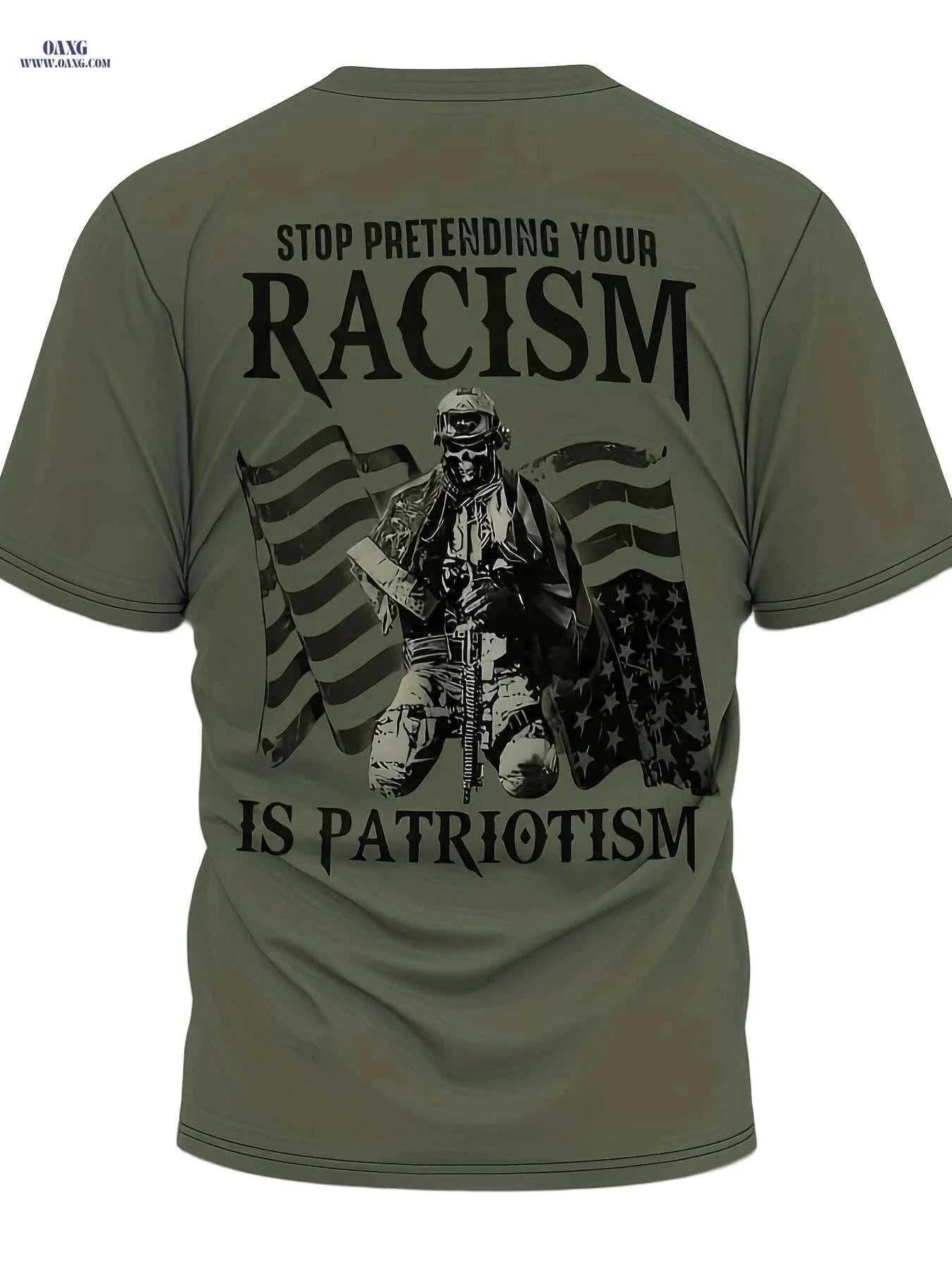 Men's Olive Green Patriotic Skull Graphic T-Shirt - All-Season Casual Wear   OAXG 