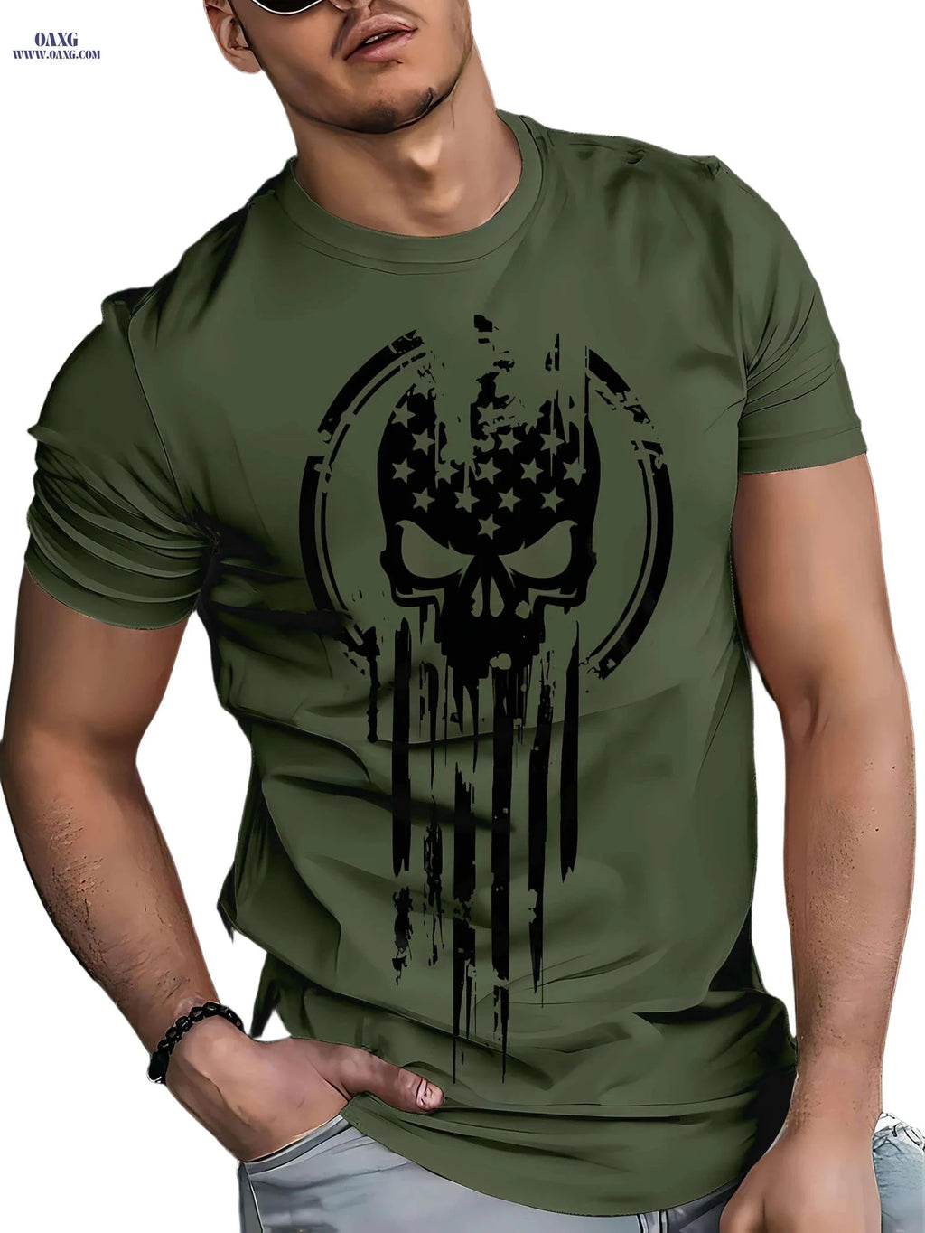 Men's Olive Green Patriotic Skull Graphic T-Shirt - All-Season Casual Wear   OAXG Army Green / S