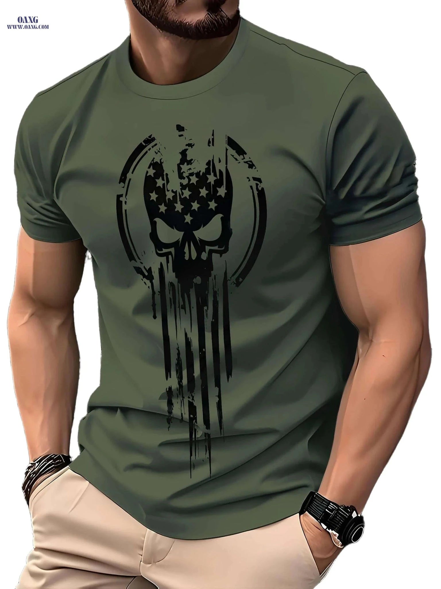 Men's Olive Green Patriotic Skull Graphic T-Shirt - All-Season Casual Wear   OAXG Army Green / S