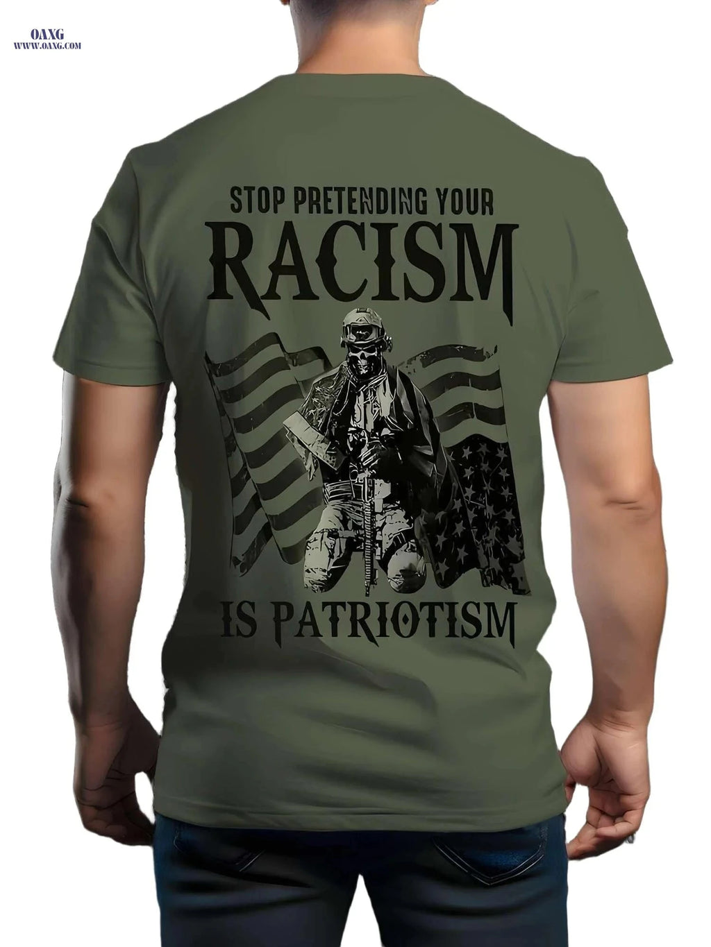 Men's Olive Green Patriotic Skull Graphic T-Shirt - All-Season Casual Wear   OAXG Army Green / S