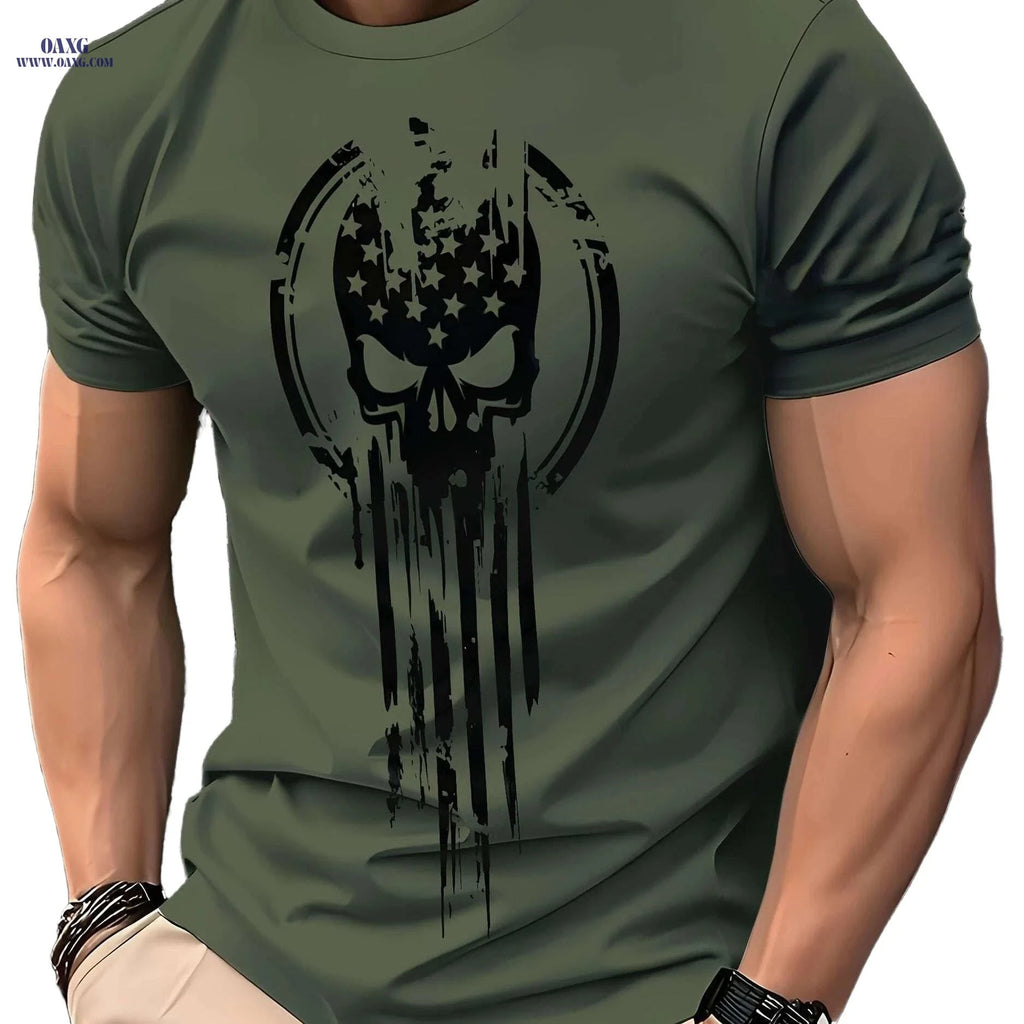 Men's Olive Green Patriotic Skull Graphic T-Shirt - All-Season Casual Wear   OAXG 