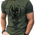 Men's Olive Green Patriotic Skull Graphic T-Shirt - All-Season Casual Wear   OAXG 