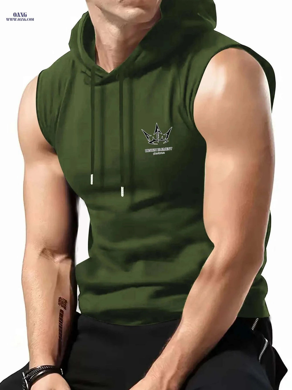 Men's Olive Green Sleeveless Hoodie - Casual Summer Gym Top   OAXG 