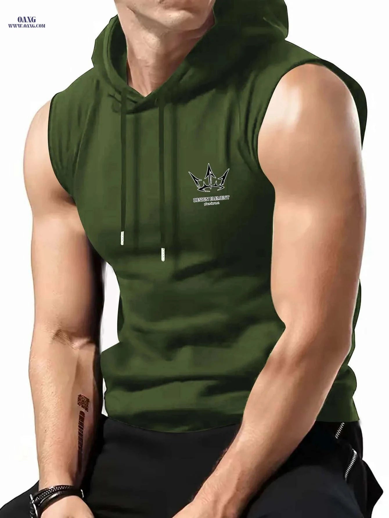 Men's Olive Green Sleeveless Hoodie - Casual Summer Gym Top   OAXG 