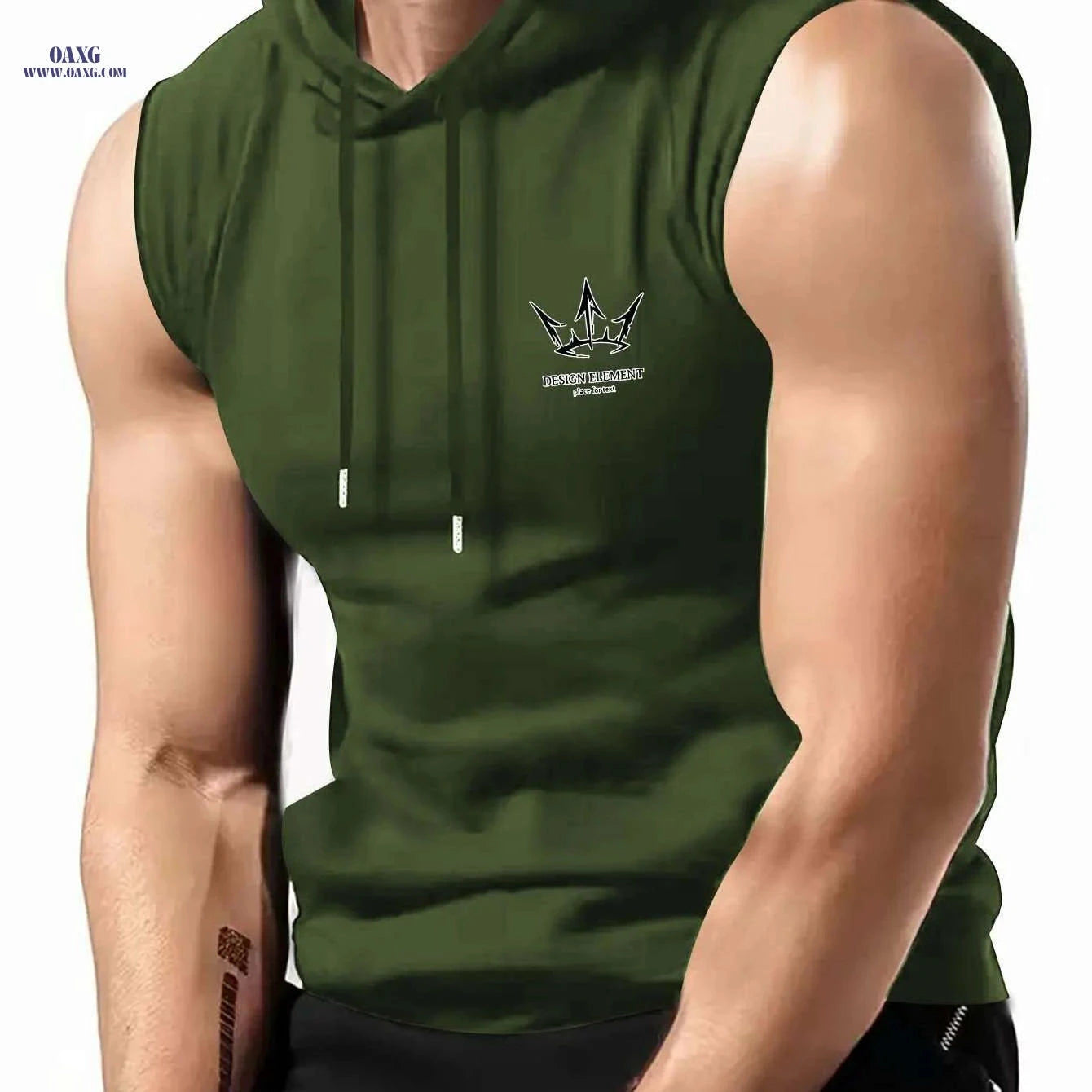 Men's Olive Green Sleeveless Hoodie - Casual Summer Gym Top   OAXG Black / S
