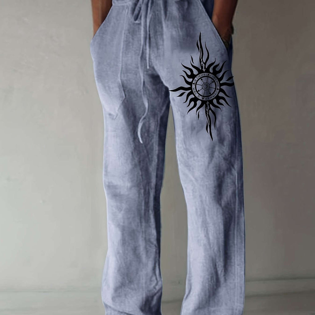 Men’s Olive Green Wide-Leg Pants - Black Sun Print, Casual Comfort   OAXG 