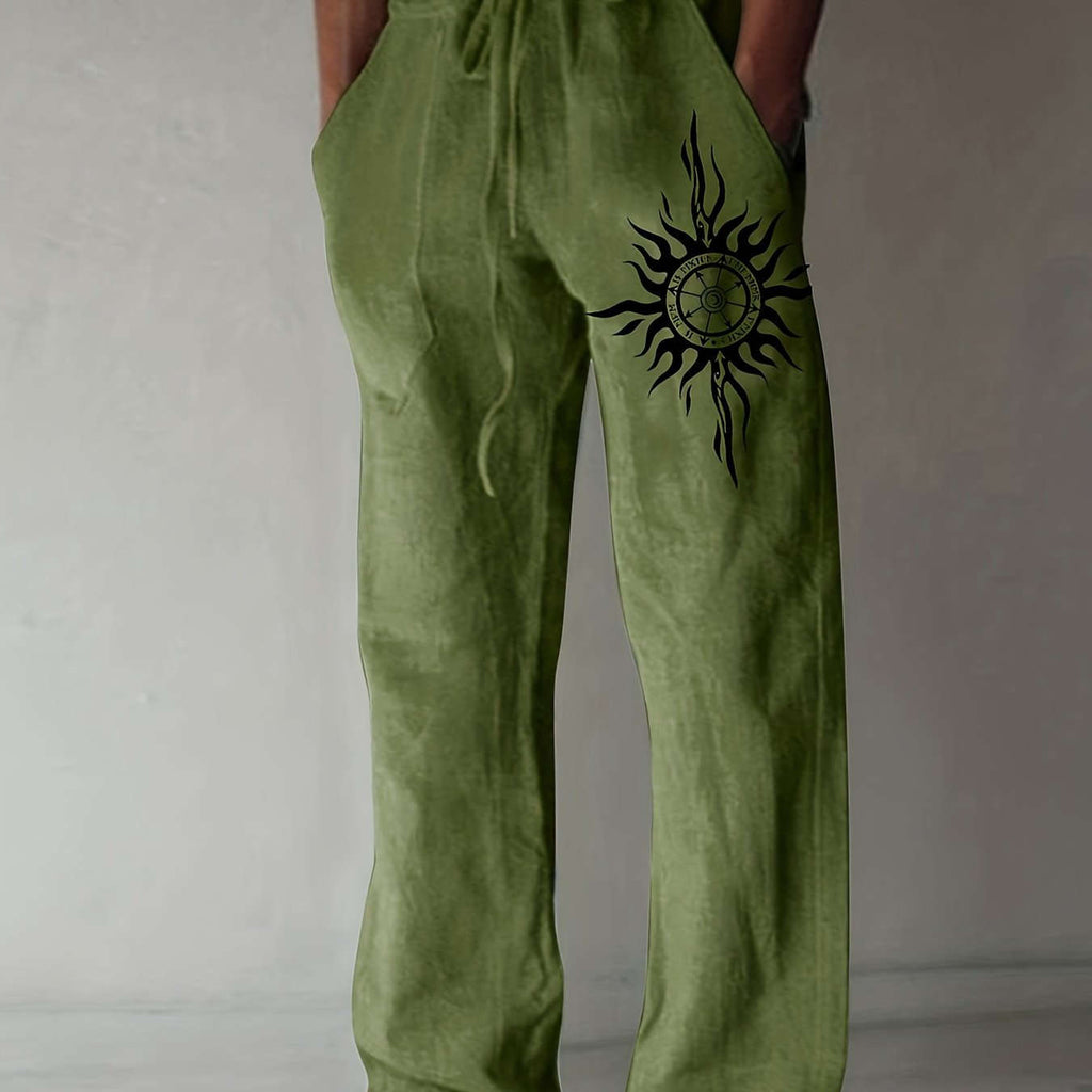 Men’s Olive Green Wide-Leg Pants - Black Sun Print, Casual Comfort   OAXG 