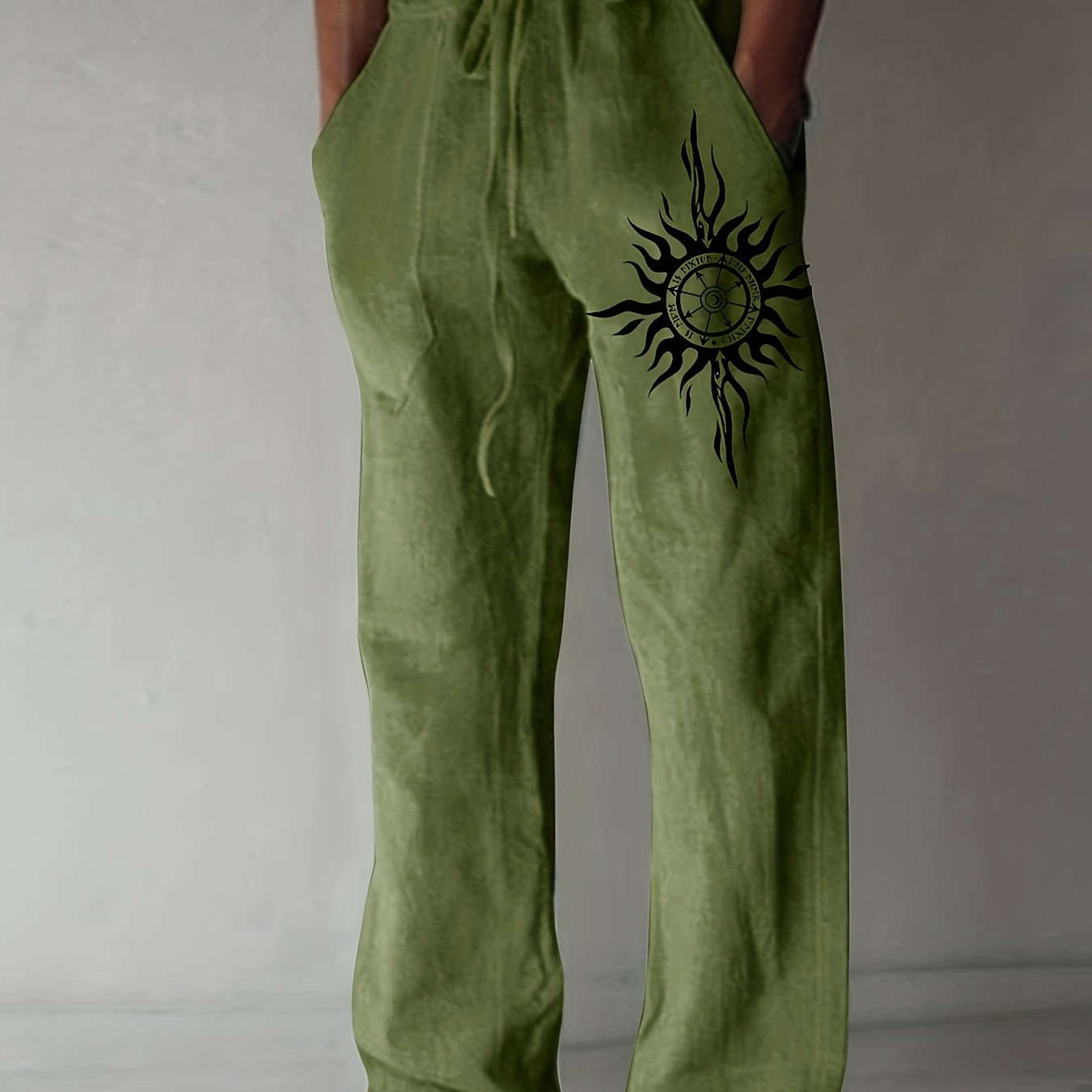 Men’s Olive Green Wide-Leg Pants - Black Sun Print, Casual Comfort   OAXG 