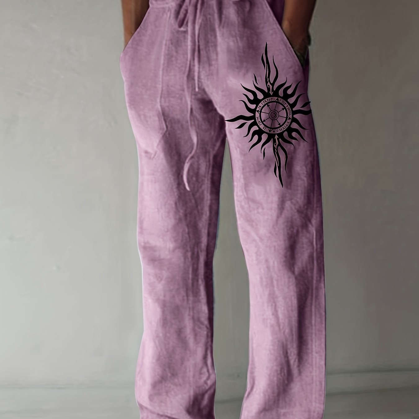 Men’s Olive Green Wide-Leg Pants - Black Sun Print, Casual Comfort   OAXG 