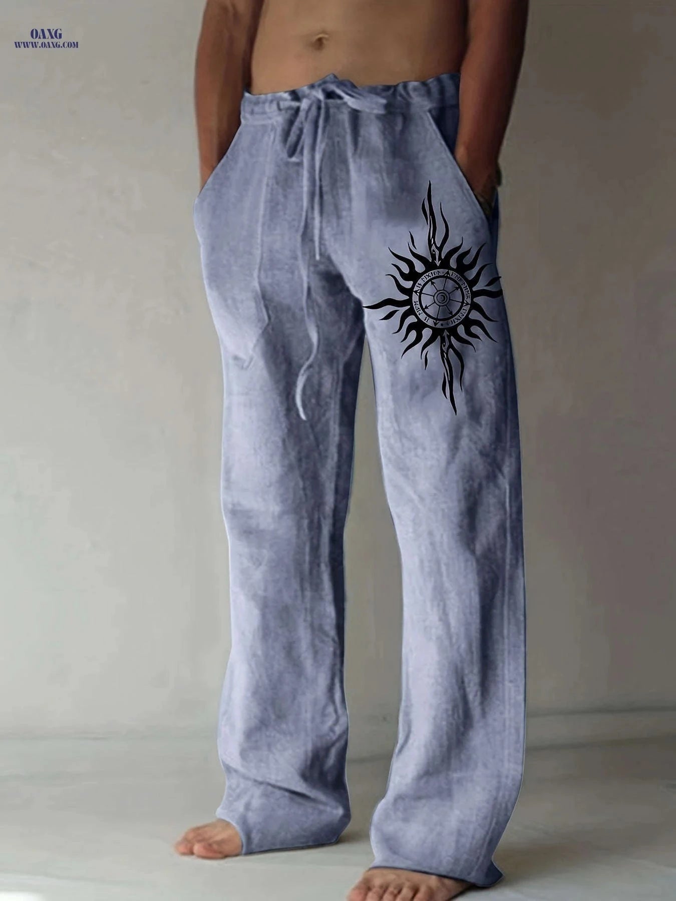Men’s Olive Green Wide-Leg Pants - Black Sun Print, Casual Comfort   OAXG 