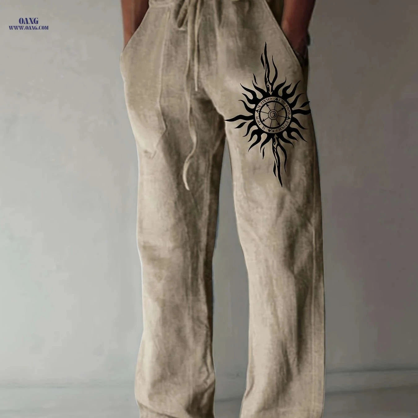 Men’s Olive Green Wide-Leg Pants - Black Sun Print, Casual Comfort   OAXG 