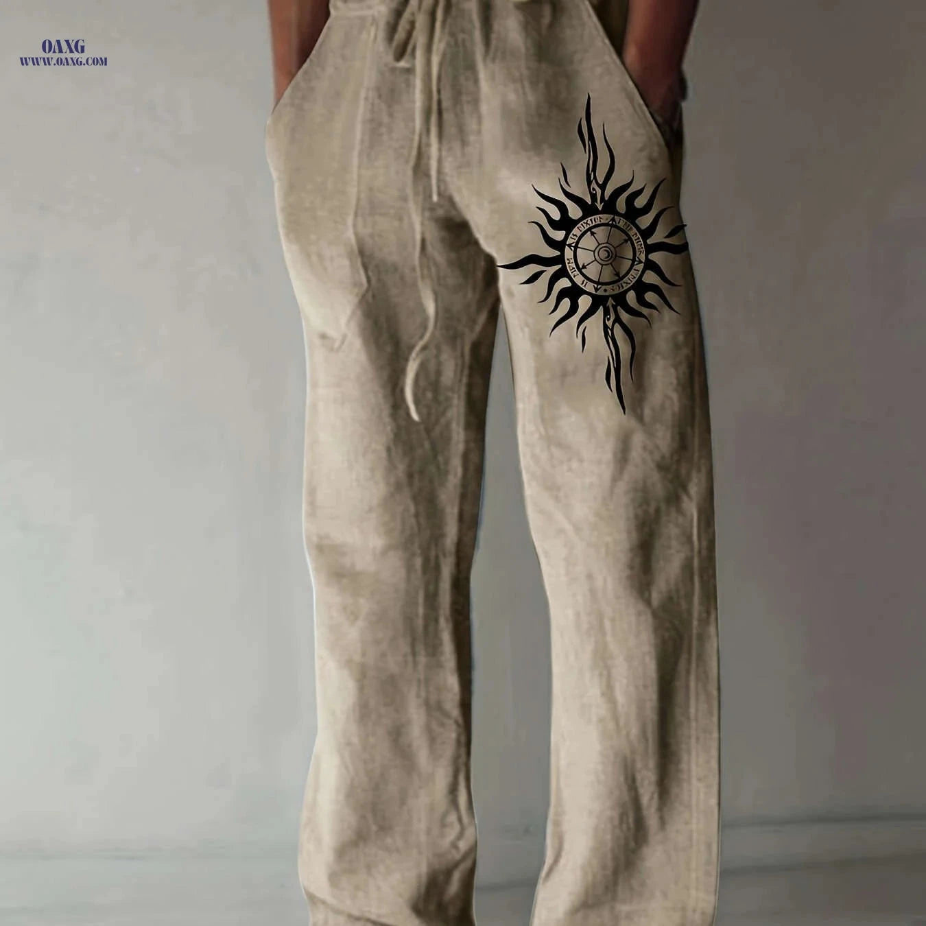 Men’s Olive Green Wide-Leg Pants - Black Sun Print, Casual Comfort   OAXG 