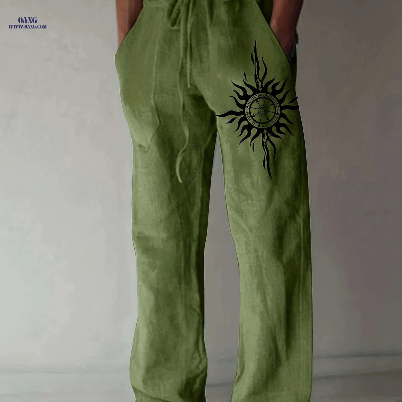 Men’s Olive Green Wide-Leg Pants - Black Sun Print, Casual Comfort   OAXG 