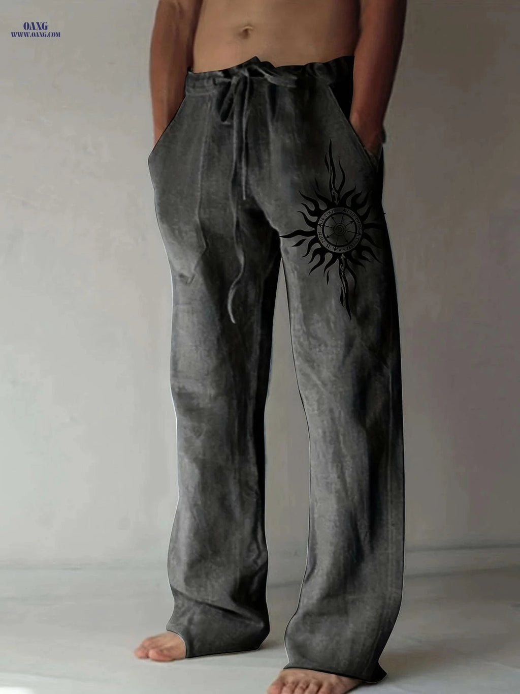Men’s Olive Green Wide-Leg Pants - Black Sun Print, Casual Comfort   OAXG 