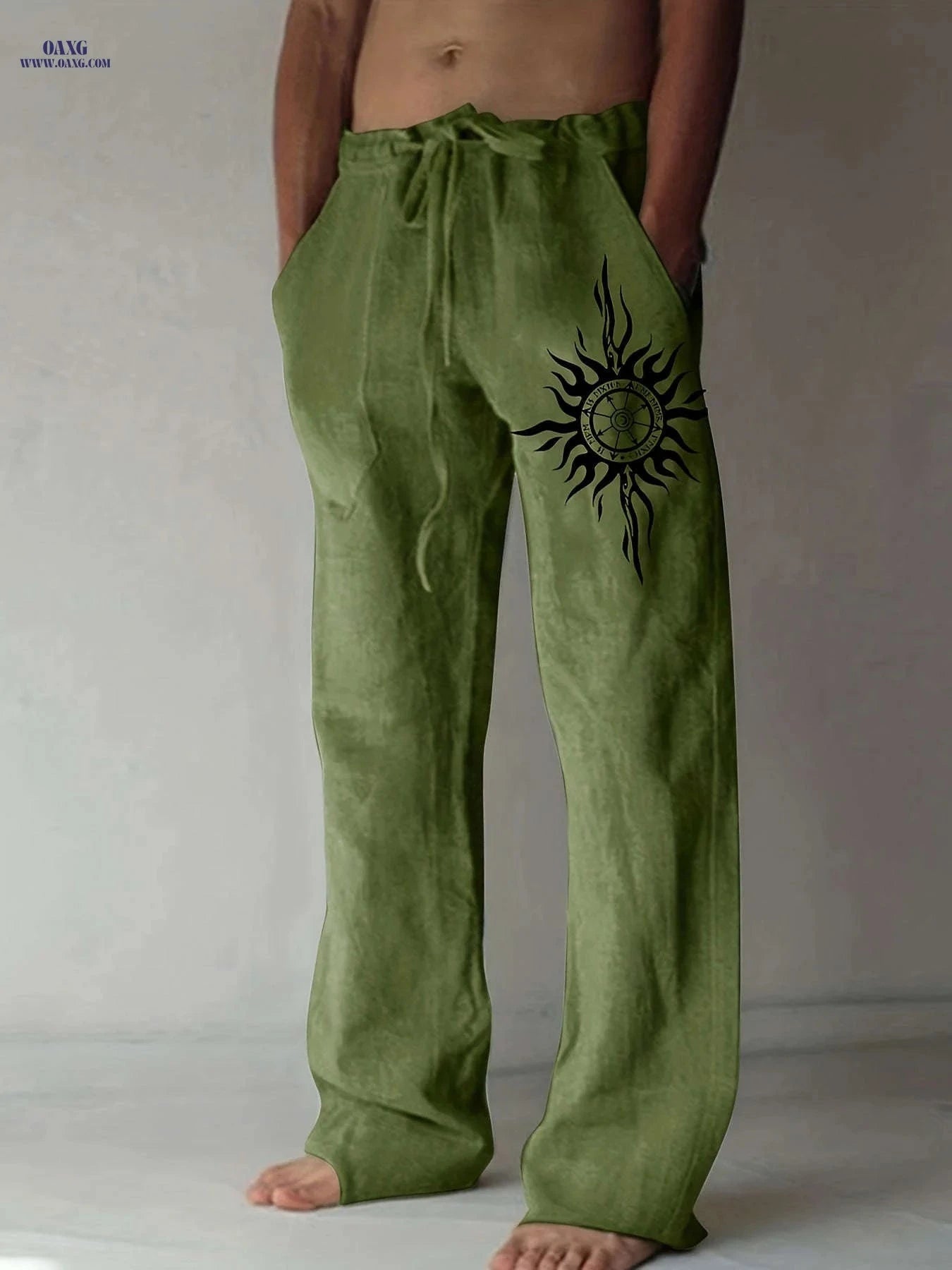 Men’s Olive Green Wide-Leg Pants - Black Sun Print, Casual Comfort   OAXG 