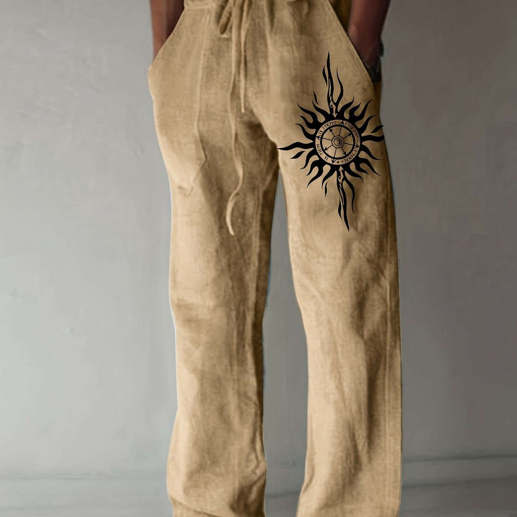 Men’s Olive Green Wide-Leg Pants - Black Sun Print, Casual Comfort   OAXG 