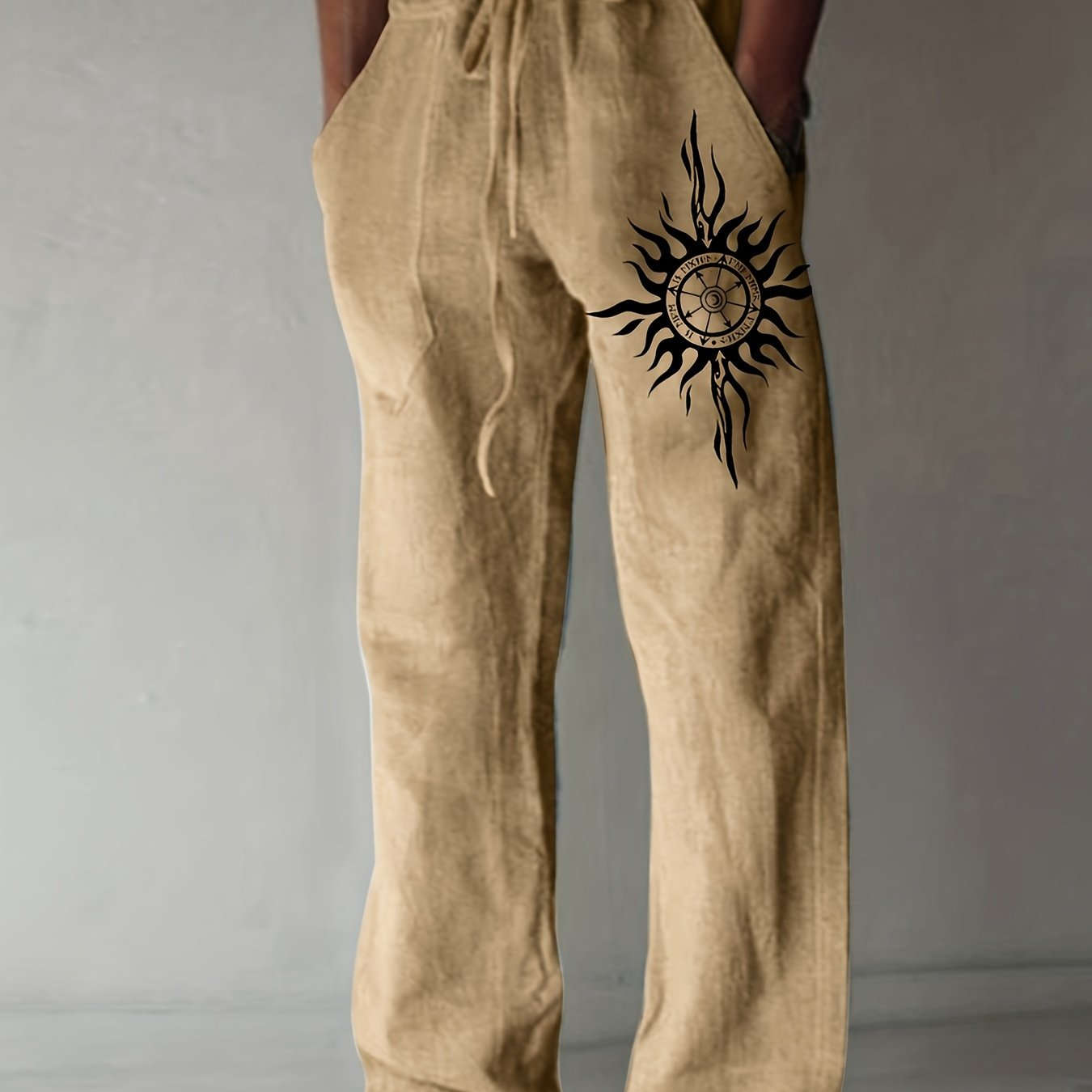 Men’s Olive Green Wide-Leg Pants - Black Sun Print, Casual Comfort   OAXG 