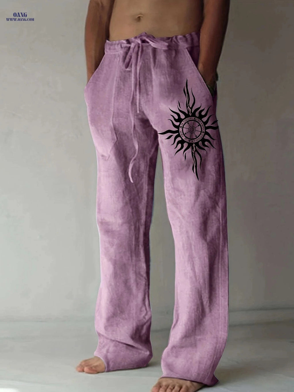 Men’s Olive Green Wide-Leg Pants - Black Sun Print, Casual Comfort   OAXG 