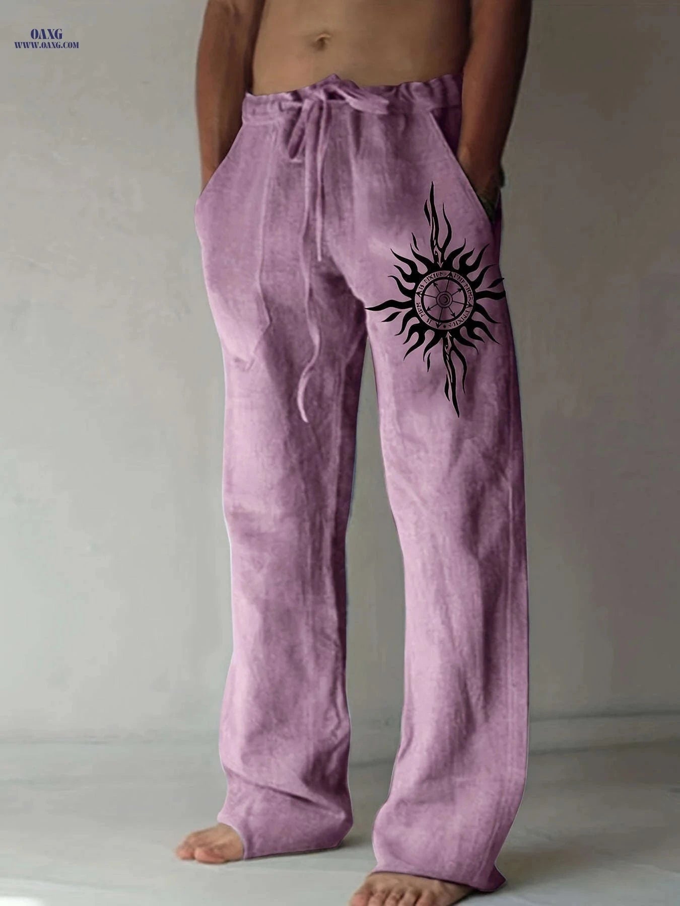 Men’s Olive Green Wide-Leg Pants - Black Sun Print, Casual Comfort   OAXG 