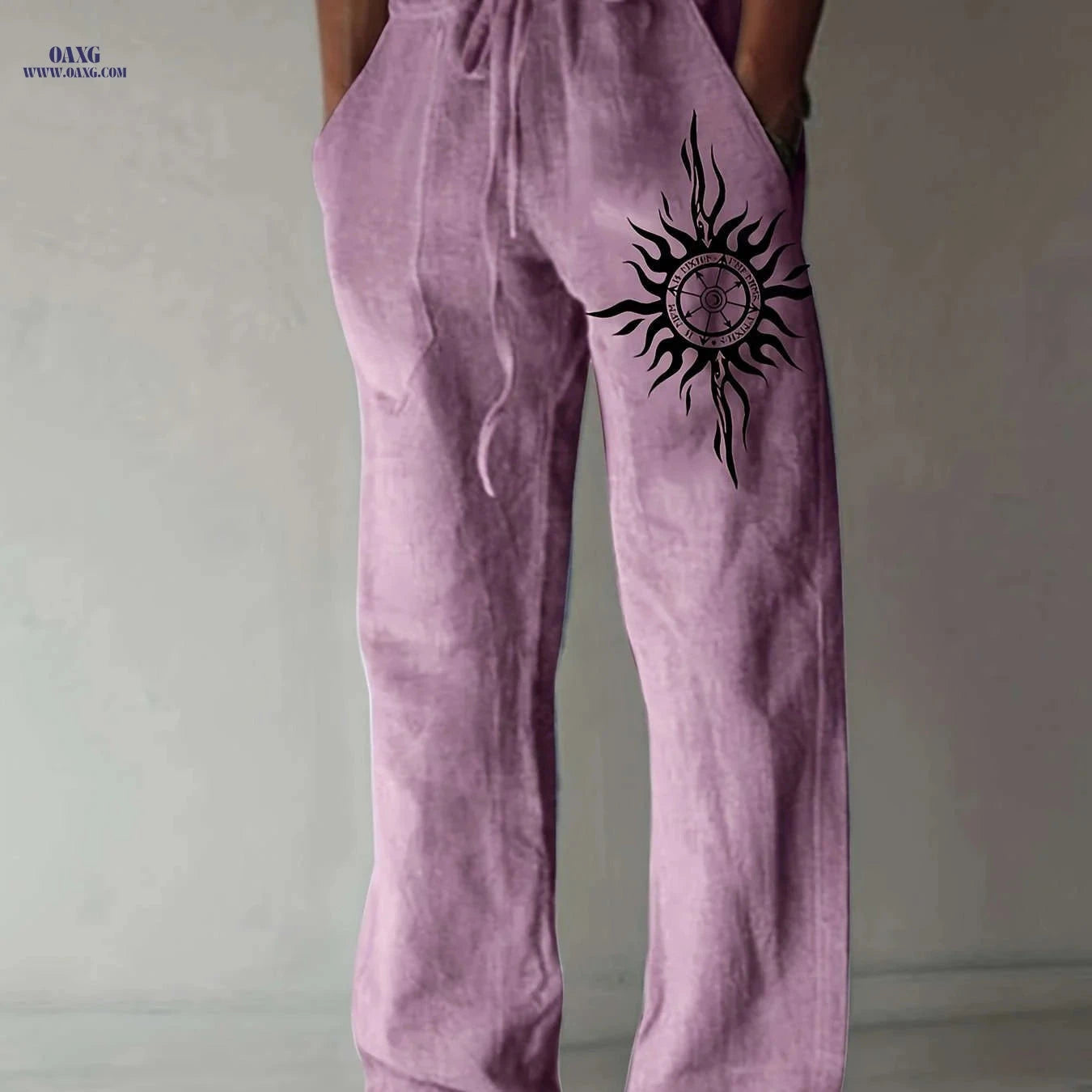 Men’s Olive Green Wide-Leg Pants - Black Sun Print, Casual Comfort   OAXG 