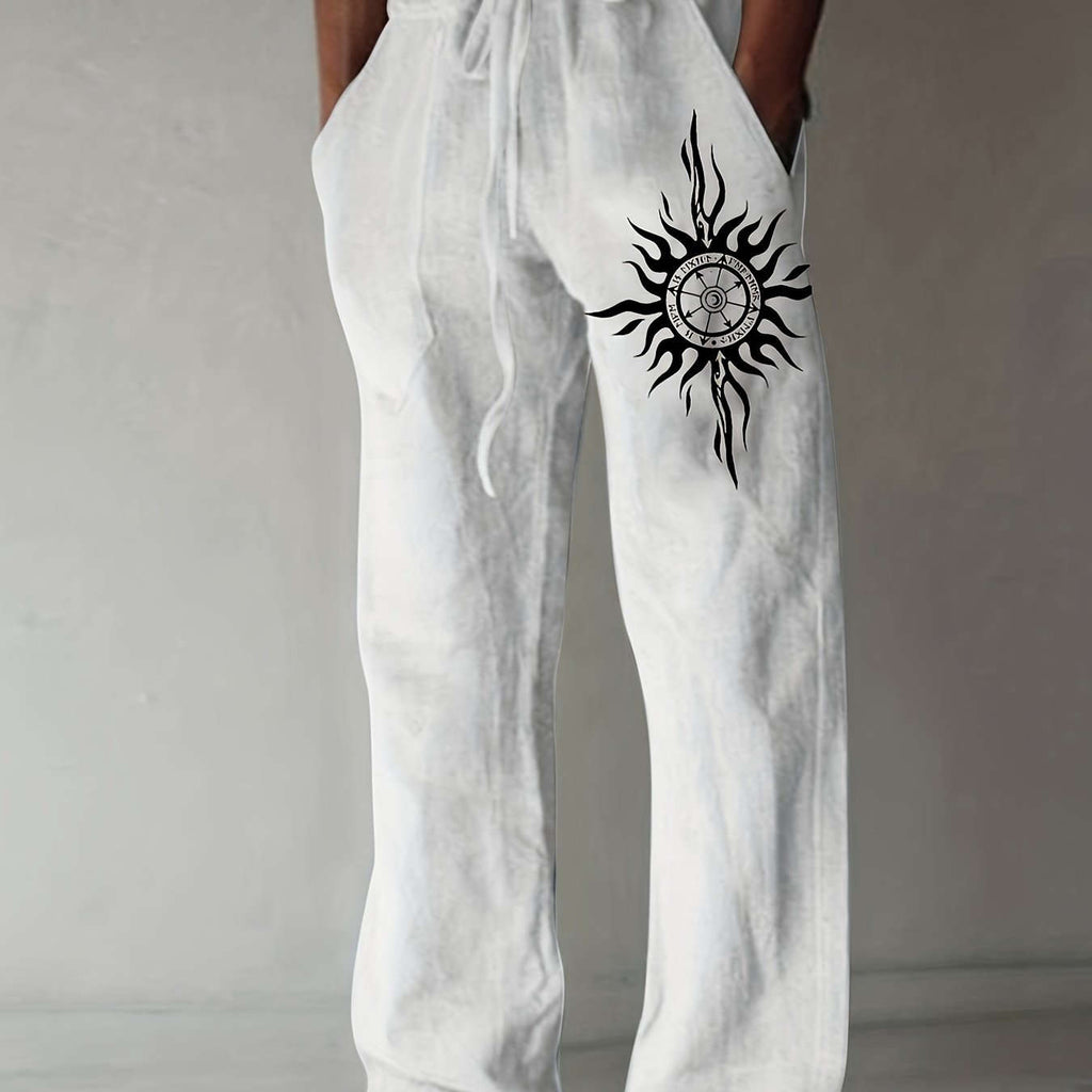 Men’s Olive Green Wide-Leg Pants - Black Sun Print, Casual Comfort   OAXG White / FR S