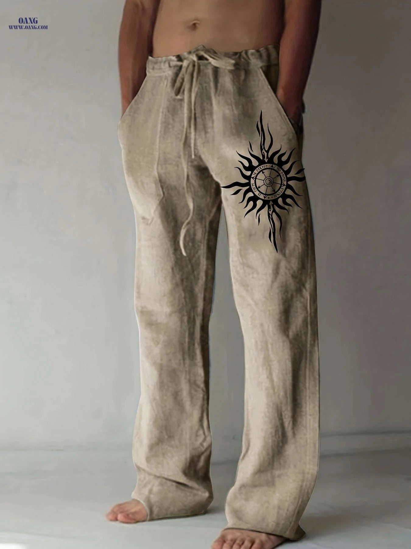 Men’s Olive Green Wide-Leg Pants - Black Sun Print, Casual Comfort   OAXG White / FR S