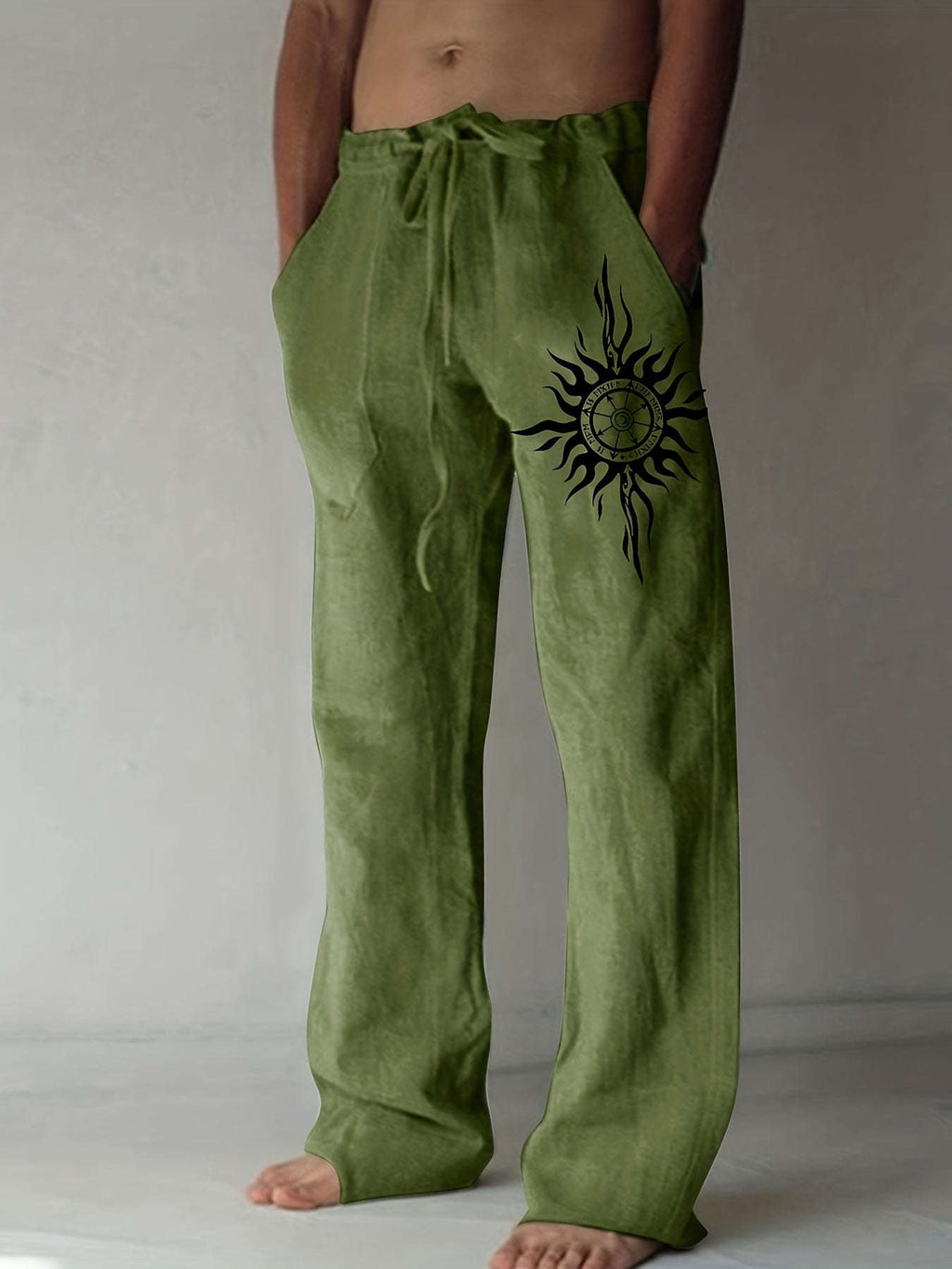 Men’s Olive Green Wide-Leg Pants - Black Sun Print, Casual Comfort   OAXG White / FR S