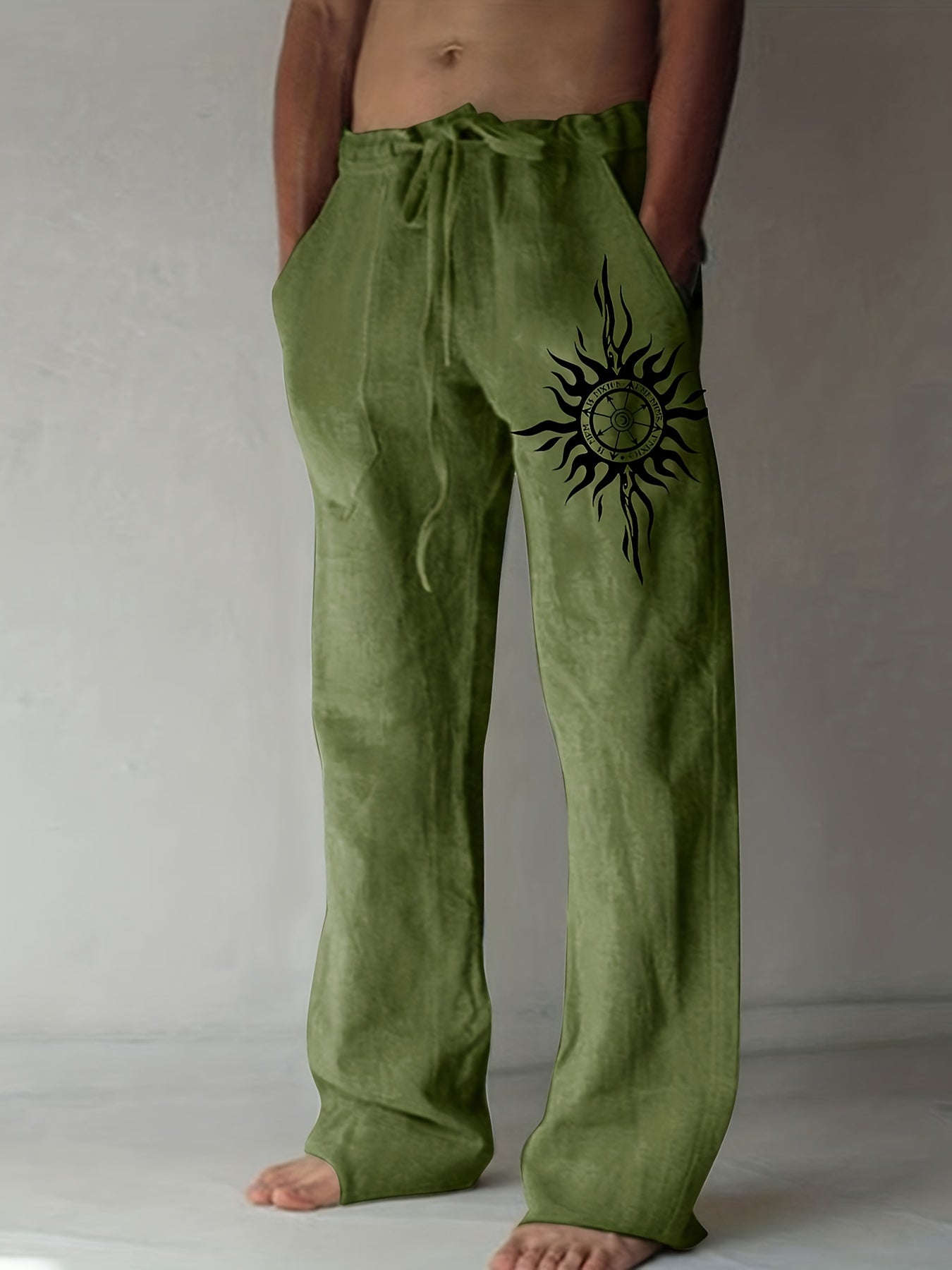 Men’s Olive Green Wide-Leg Pants - Black Sun Print, Casual Comfort   OAXG White / FR S