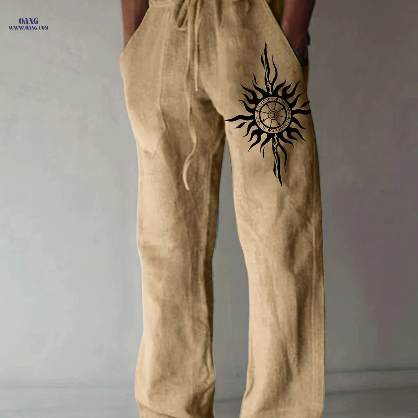 Men’s Olive Green Wide-Leg Pants - Black Sun Print, Casual Comfort   OAXG White / FR S