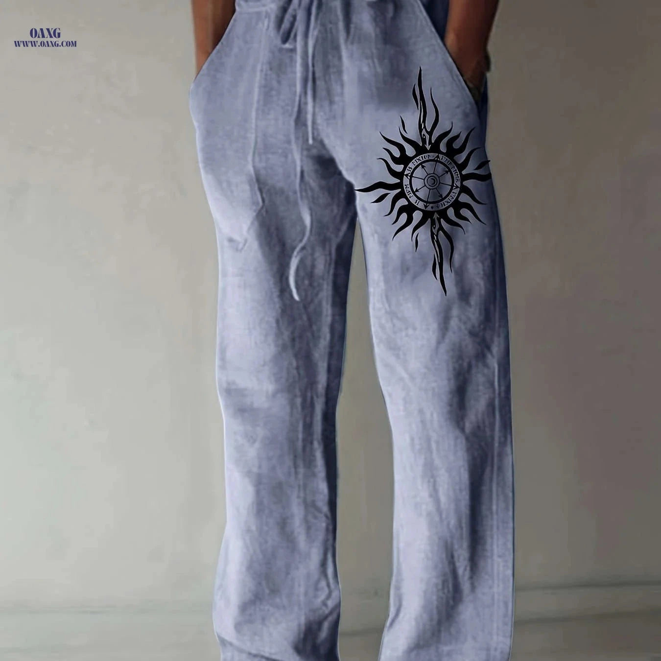 Men’s Olive Green Wide-Leg Pants - Black Sun Print, Casual Comfort   OAXG White / FR S