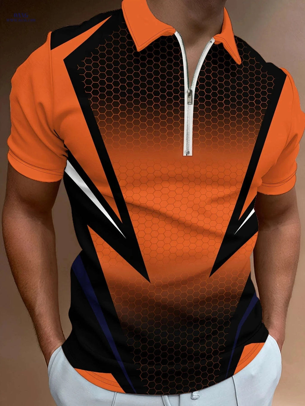 Men’s Orange Geometric Polo Shirt - Short Sleeve & Stylish Collar   OAXG PDDLLP19 / FR S