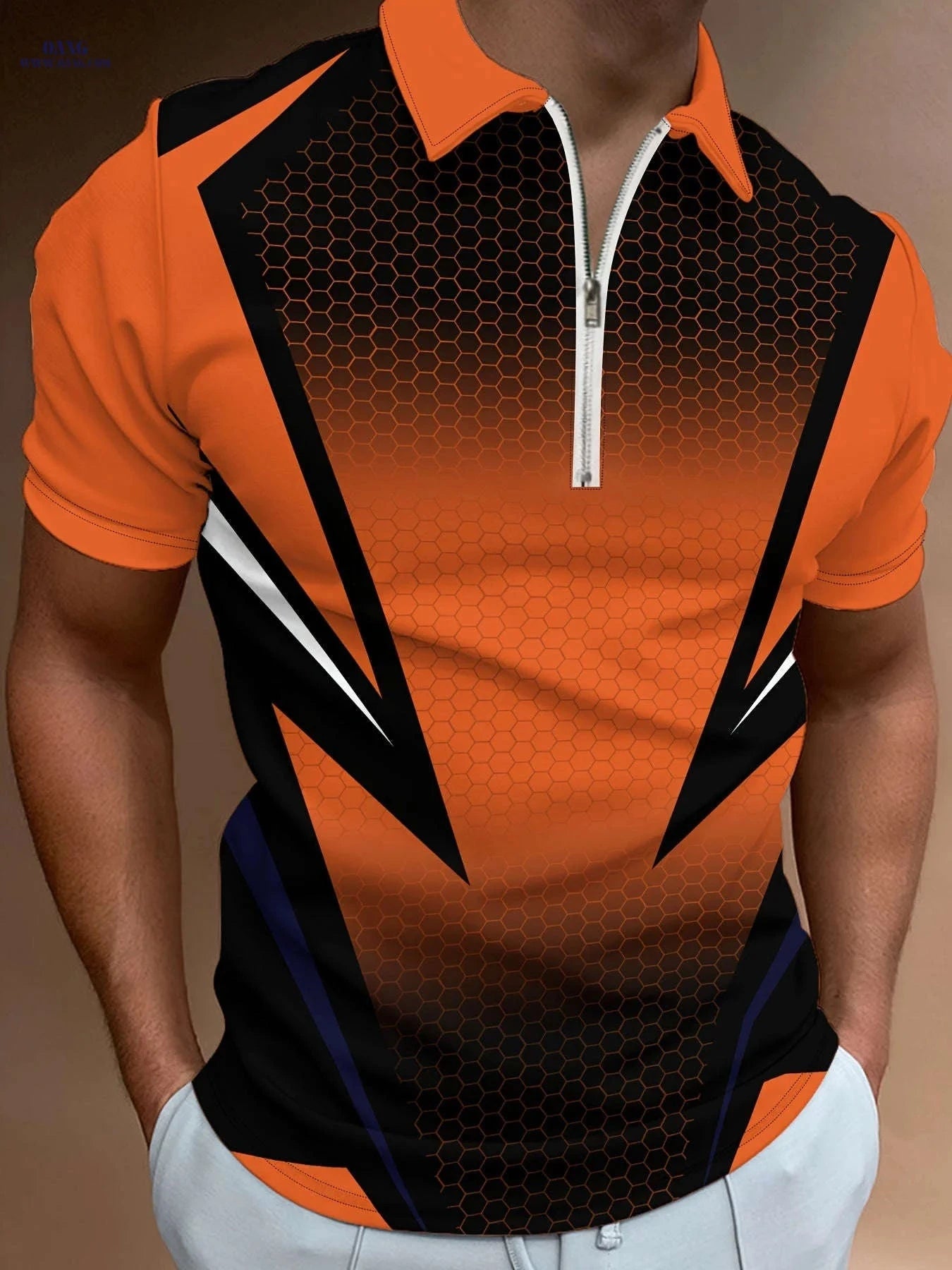 Men’s Orange Geometric Polo Shirt - Short Sleeve & Stylish Collar   OAXG PDDLLP19 / FR S