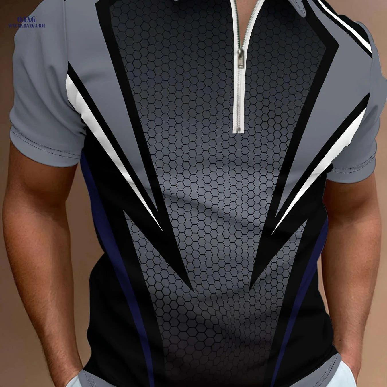 Men’s Orange Geometric Polo Shirt - Short Sleeve & Stylish Collar   OAXG PDDLLP19 / FR S