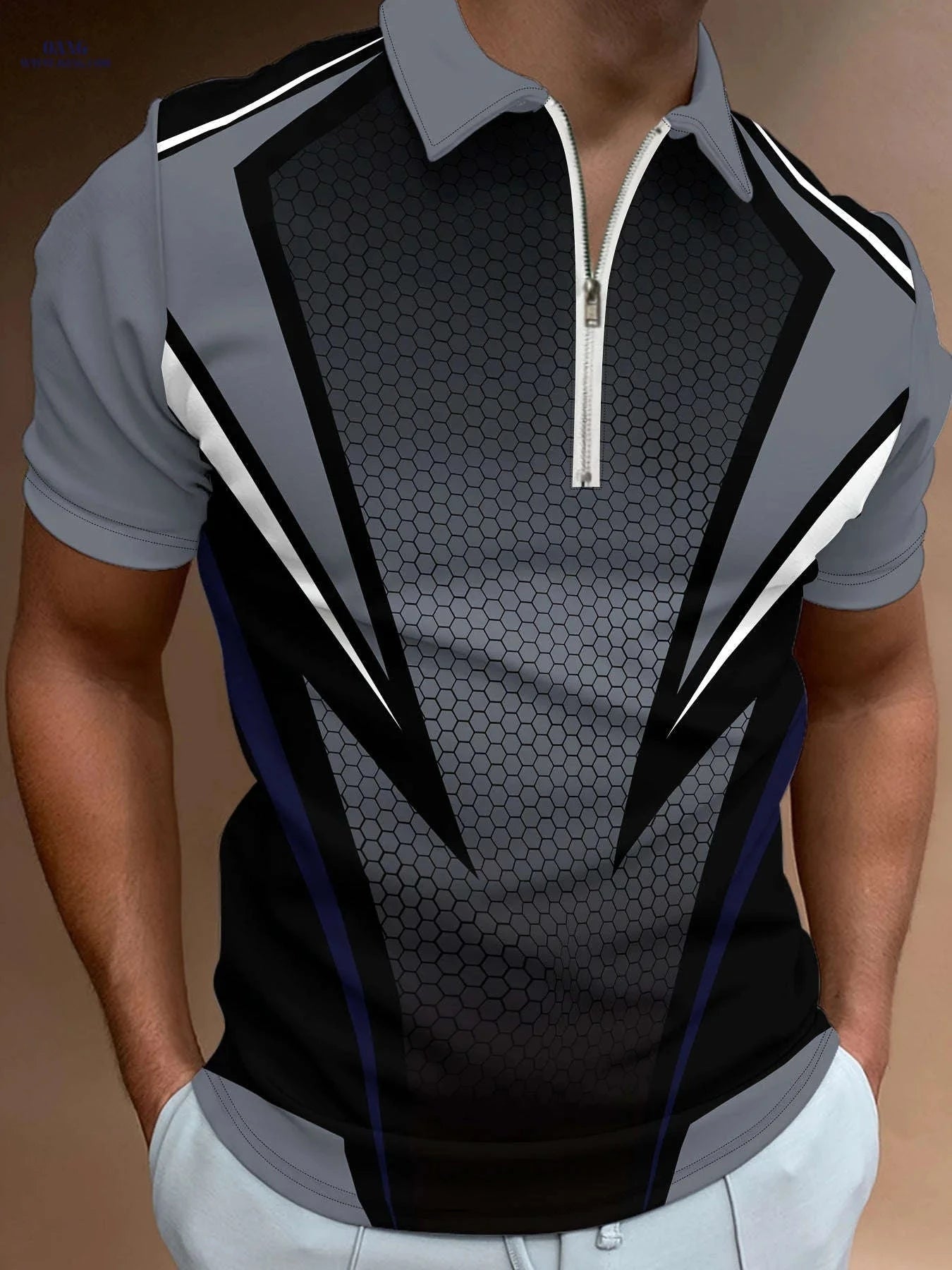 Men’s Orange Geometric Polo Shirt - Short Sleeve & Stylish Collar   OAXG PDDLLP19 / FR S