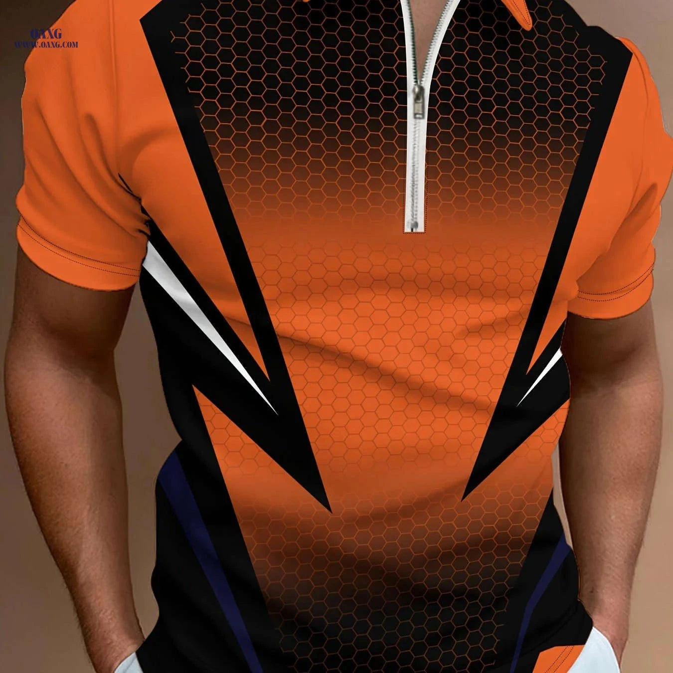 Men’s Orange Geometric Polo Shirt - Short Sleeve & Stylish Collar   OAXG 