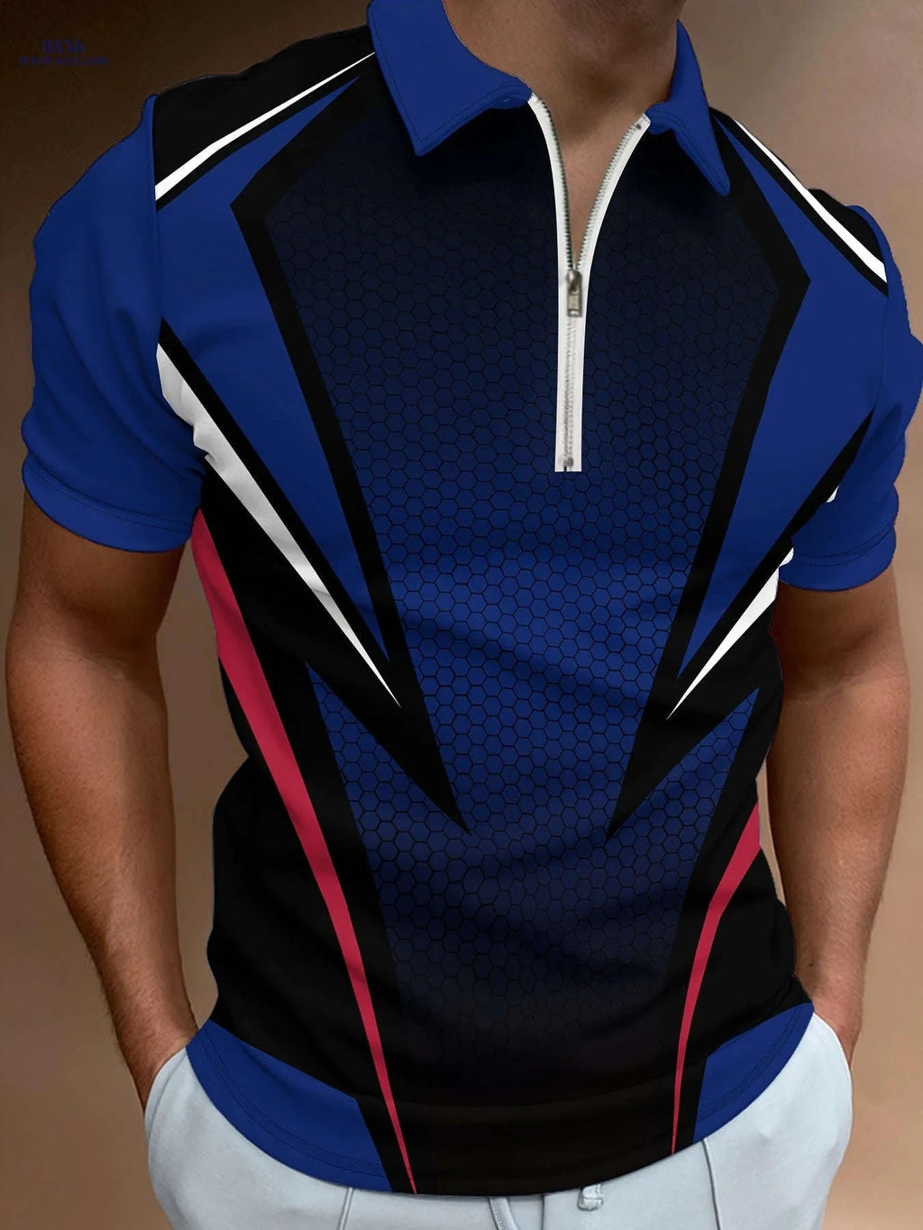 Men’s Orange Geometric Polo Shirt - Short Sleeve & Stylish Collar   OAXG 